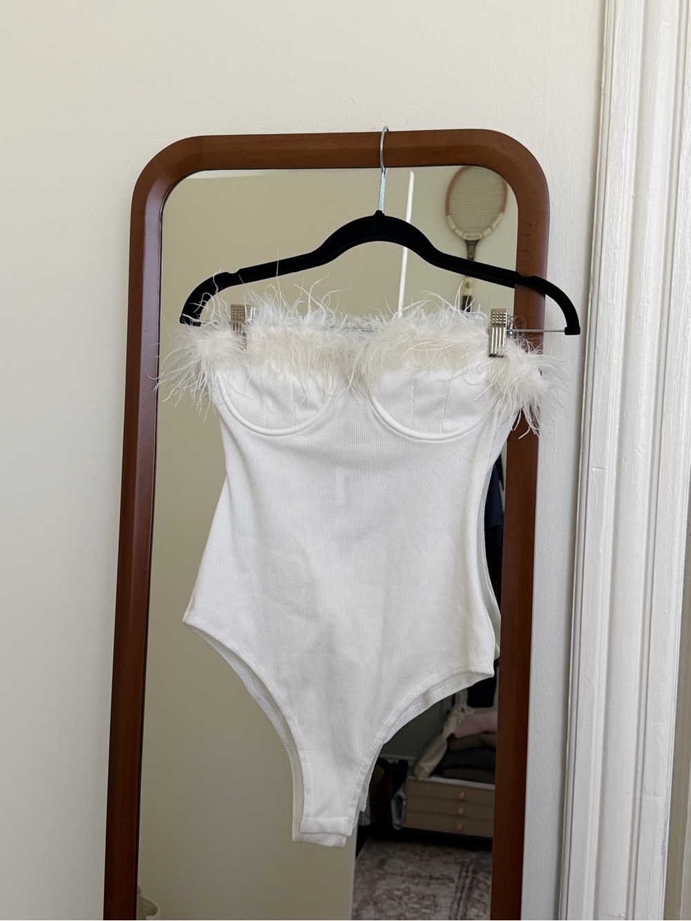 White Feather Trim Strapless Bodysuit - Picture 2 of 7